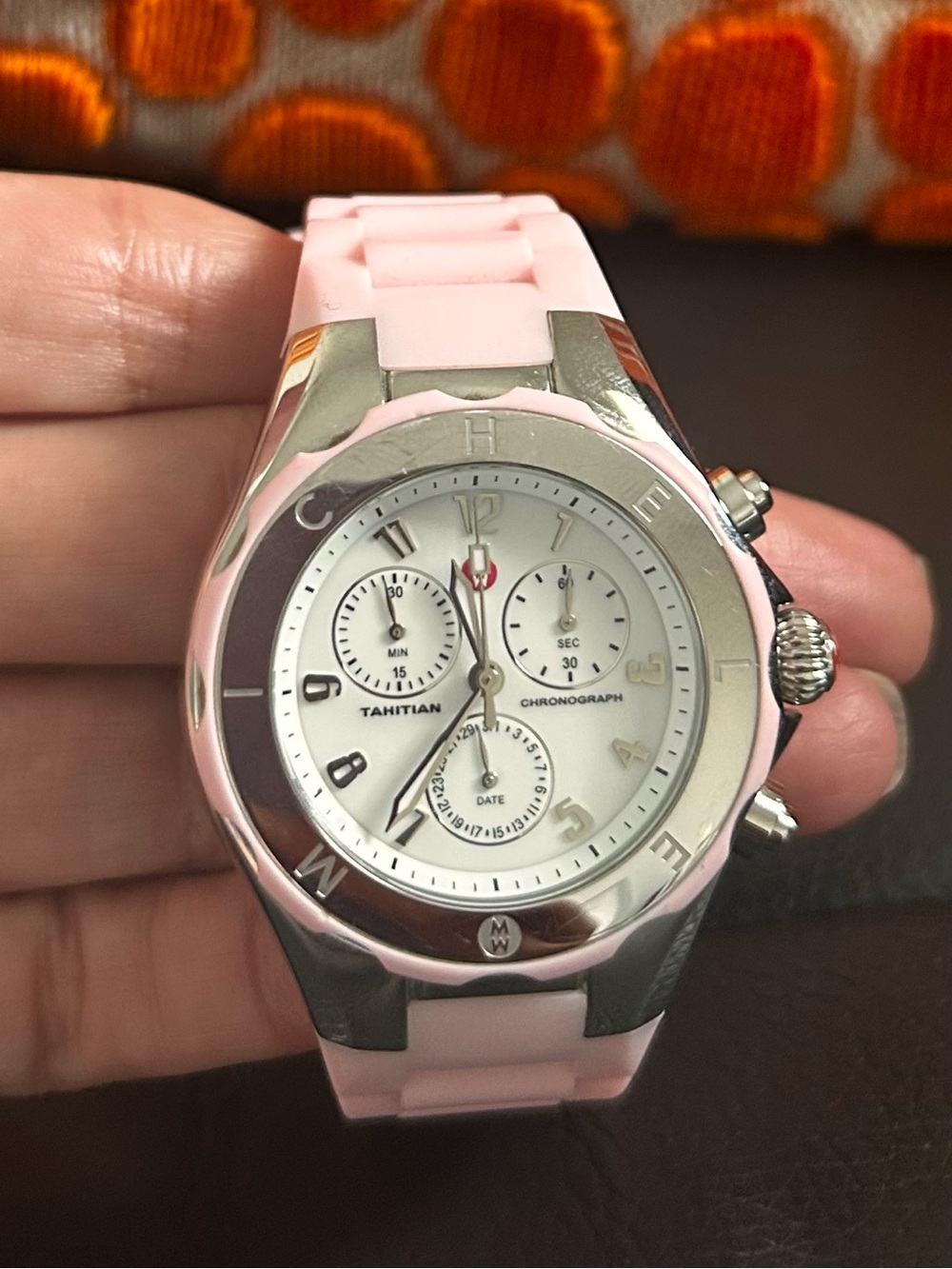 Michele Pink Silicone Strap Chronograph Watch with Silver-Tone Case - Picture 2 of 7